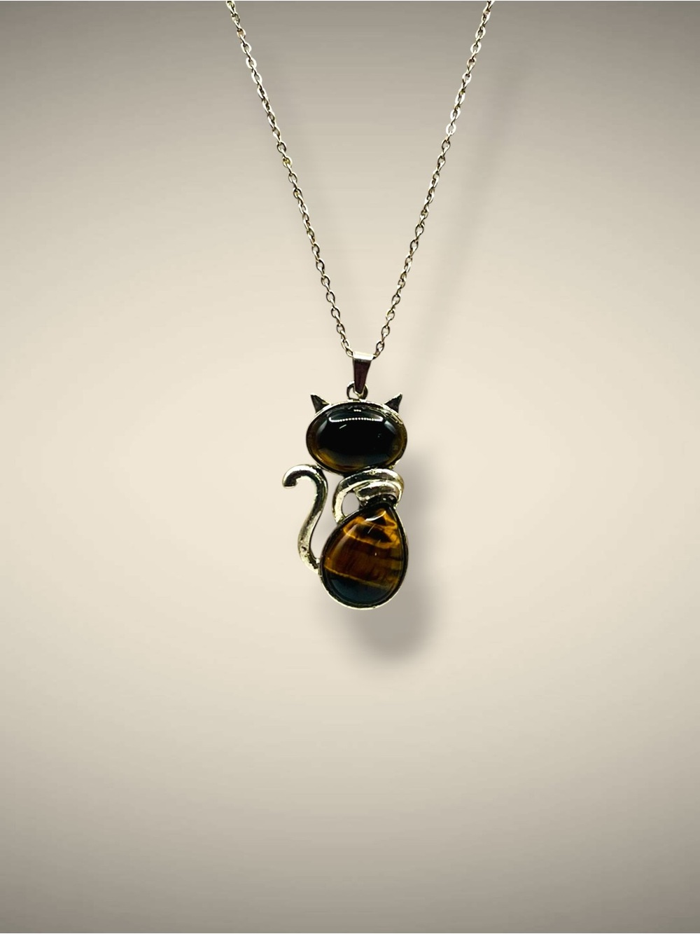 Cute Tiger Eye Natural Stone Cat Kitten Pendant Necklace Silver Tone - Picture 11 of 16
